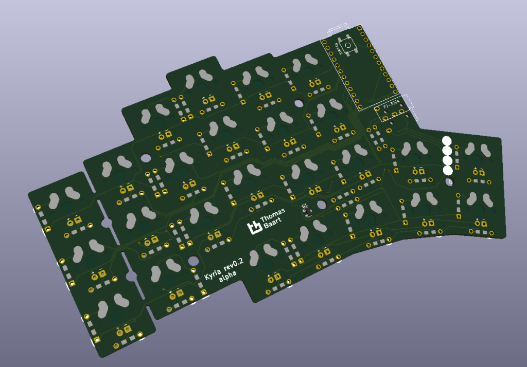 Revision 0.2 of the Kyria. Revision 0.1 used SMD components, but I didn’t feel comfortable enough using those yet.