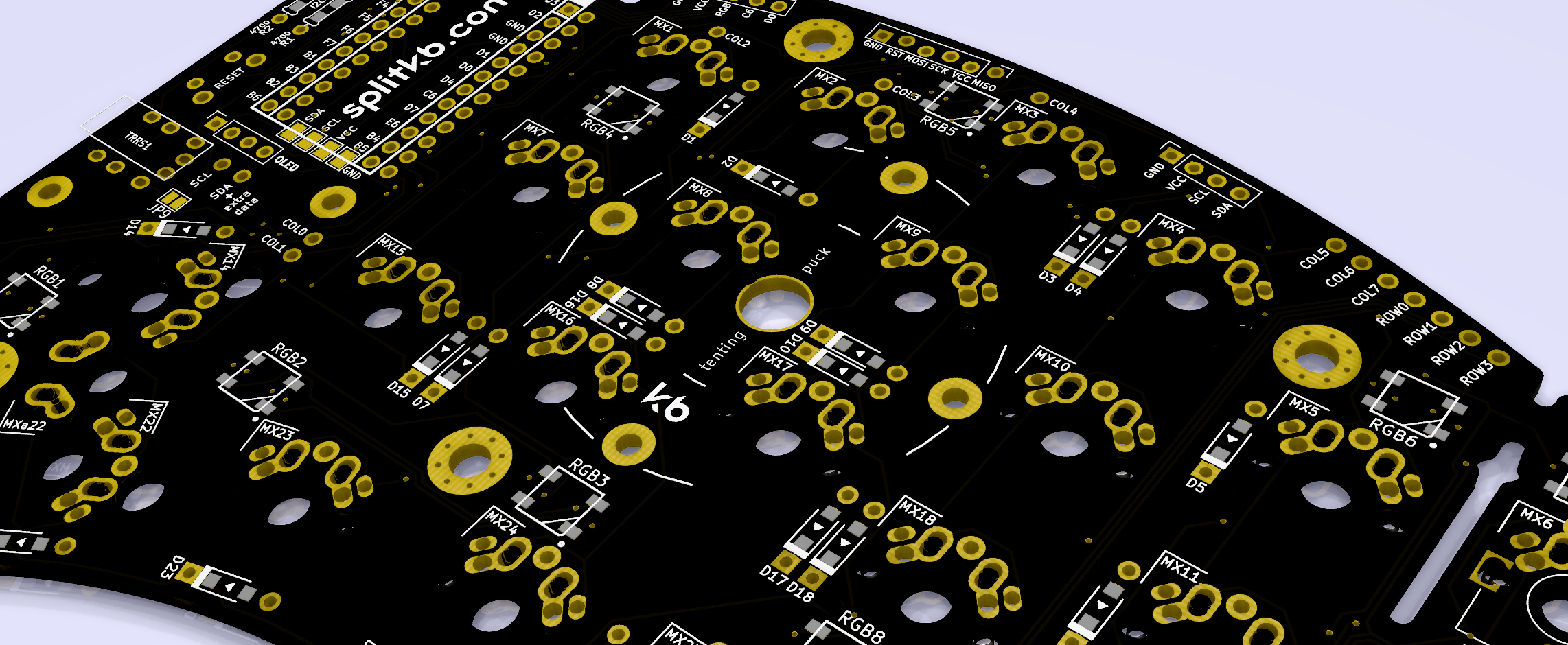 A render of the Kyria rev1.3, a prototype that allows for mounting the tenting puck to the PCB.