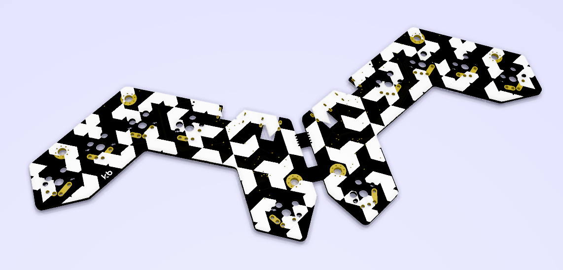 A render of the Lyn PCB. It’s shown here with the halves attached to each other due to the manufacturing, but will ship in two separate halves.